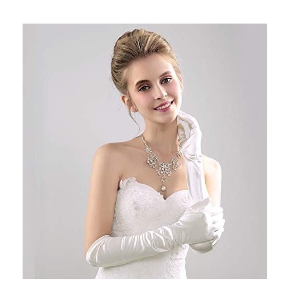 Long 16" Shiny Smooth Satin Dress Gloves Elbow Length 8BL White New In Bag #4